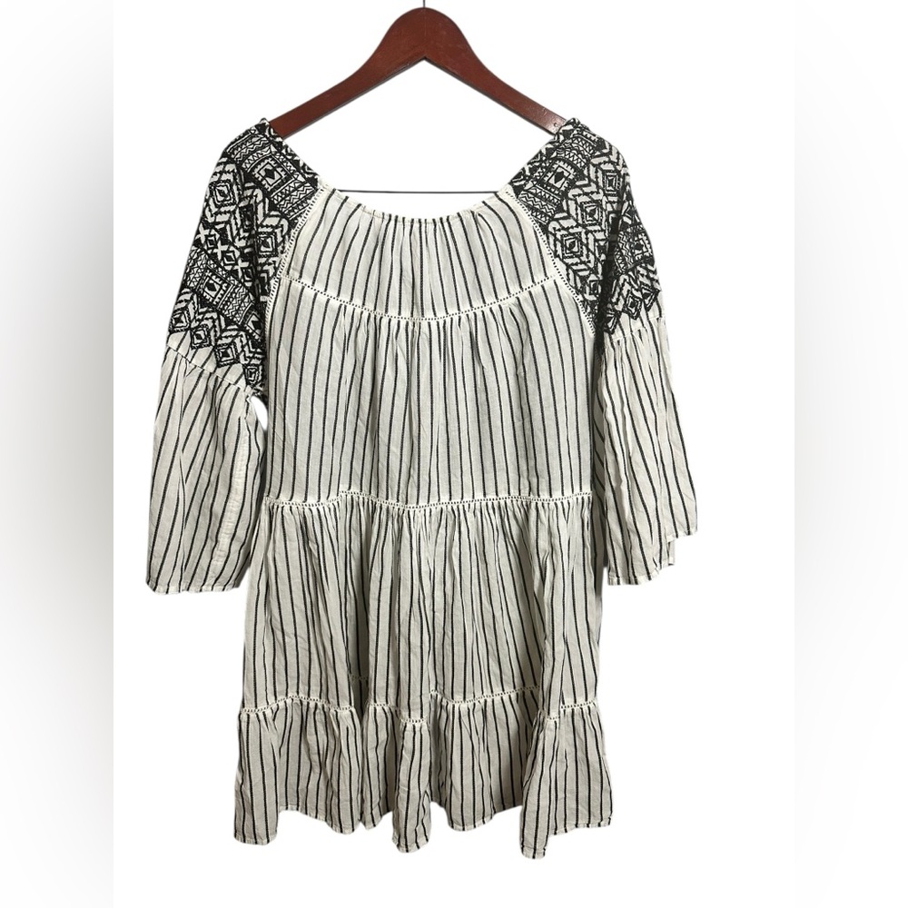 Free People Black and White Long Sleeve Dress Mini S Embroidered Boho